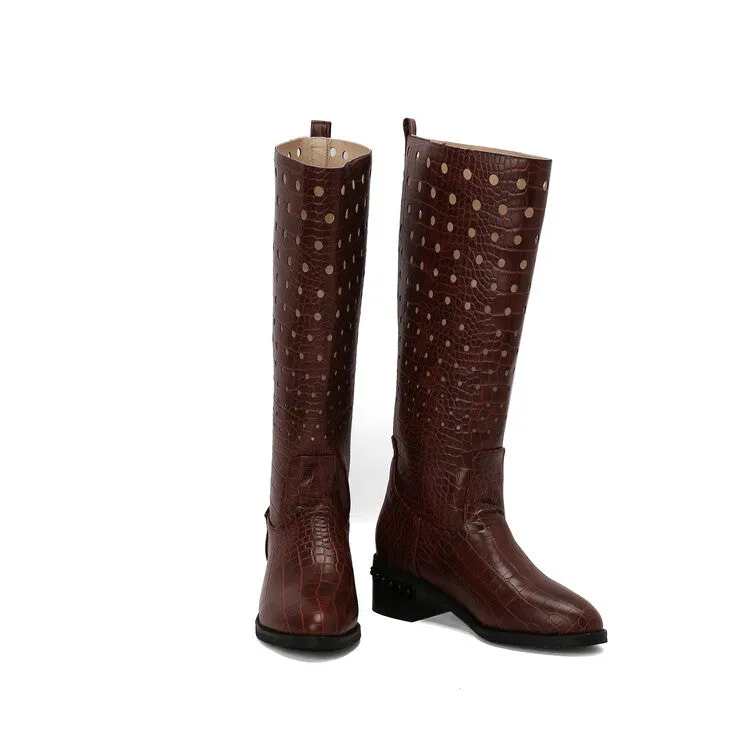 Women's Snake Pattern Holes Round Toe Square Heel Knee High Boots