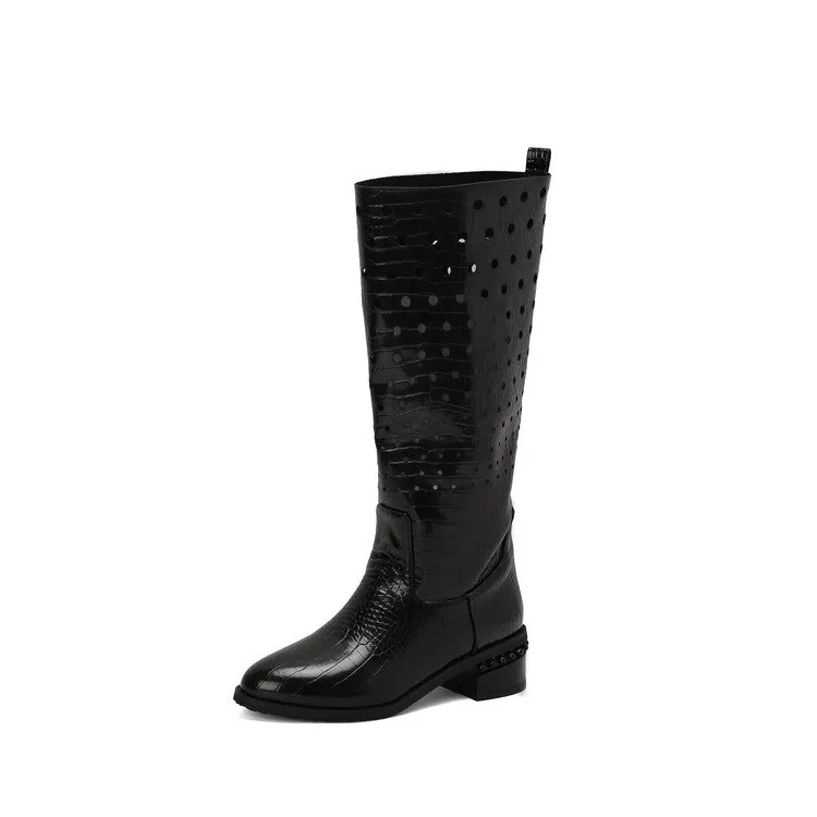 Women's Snake Pattern Holes Round Toe Square Heel Knee High Boots