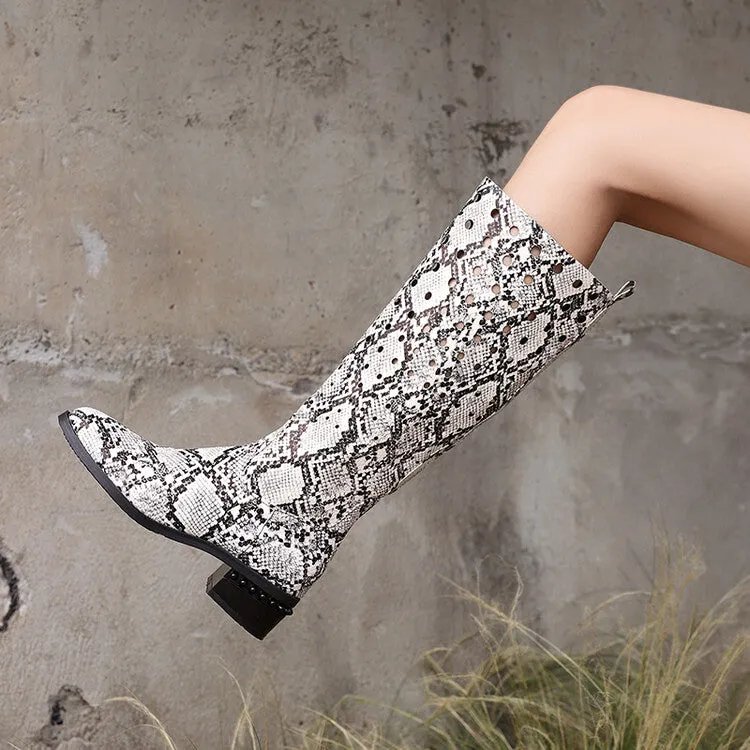 Women's Snake Pattern Holes Round Toe Square Heel Knee High Boots