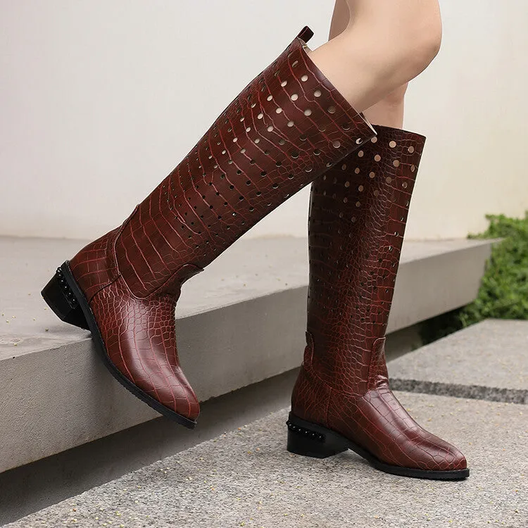 Women's Snake Pattern Holes Round Toe Square Heel Knee High Boots