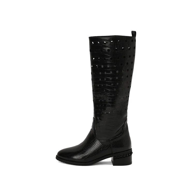 Women's Snake Pattern Holes Round Toe Square Heel Knee High Boots