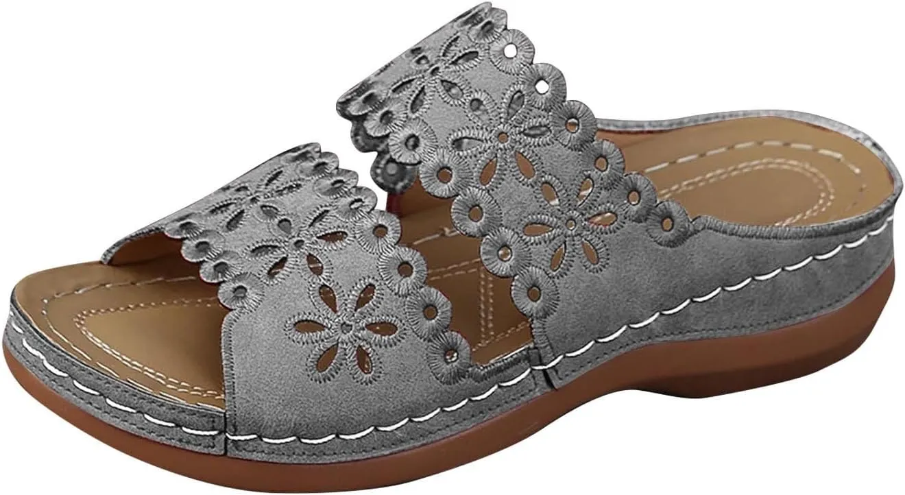 Women's Soft Sole Flat Shoes Casual Large Size Solid Hollow Sandals Drag Beach Slope Sandals with Arch Support