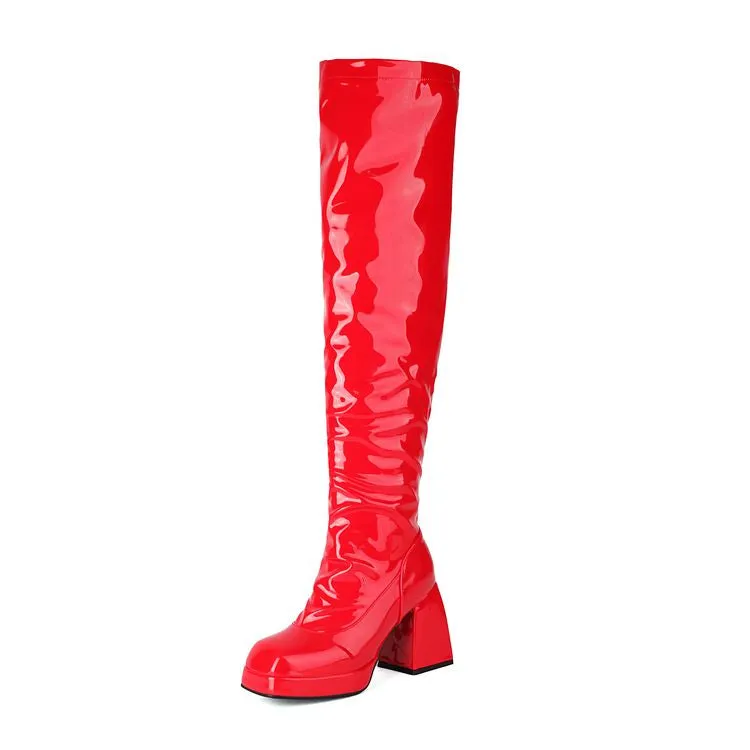 Women's Square Toe Block Heel Platform Over the Knee Boots