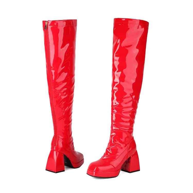 Women's Square Toe Block Heel Platform Over the Knee Boots