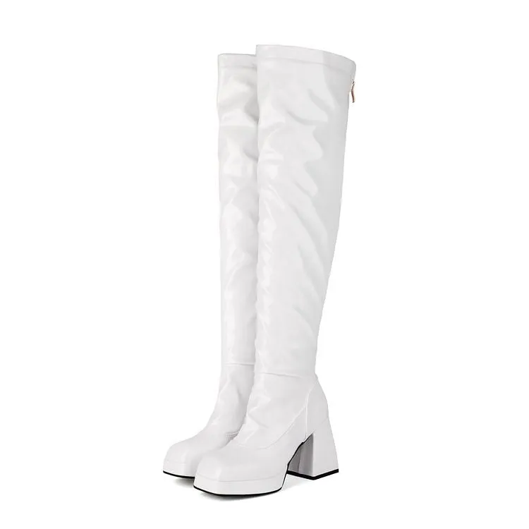Women's Square Toe Block Heel Platform Over the Knee Boots