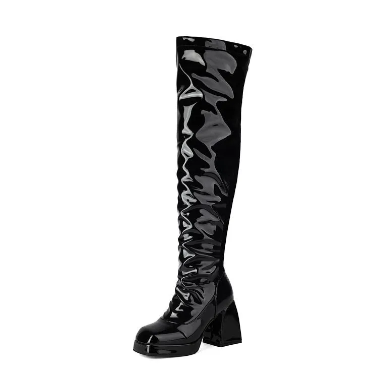 Women's Square Toe Block Heel Platform Over the Knee Boots