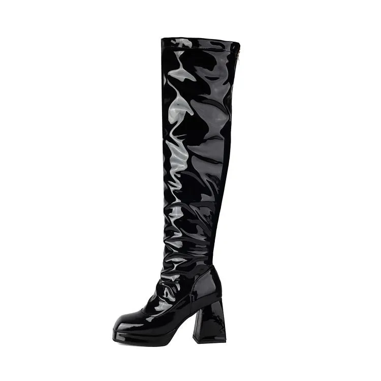 Women's Square Toe Block Heel Platform Over the Knee Boots
