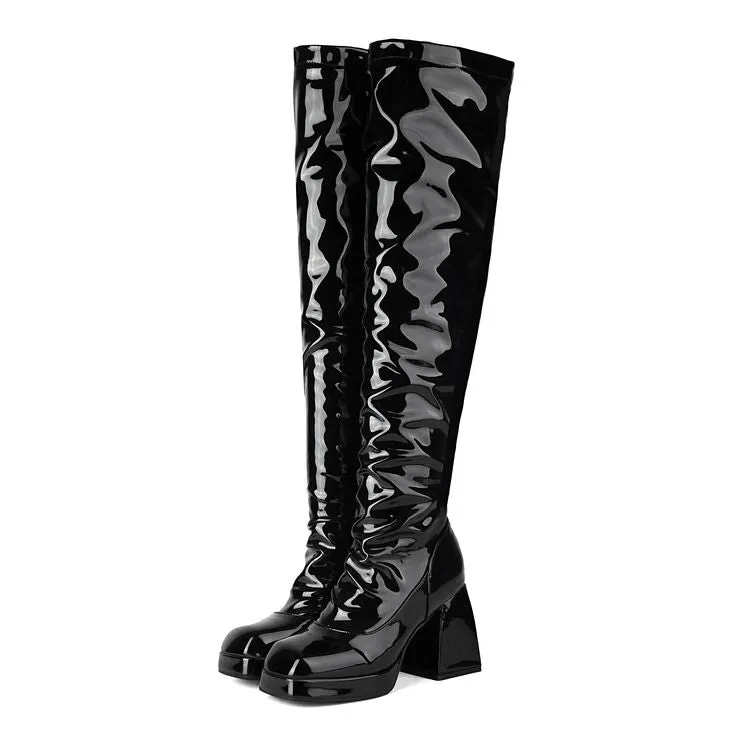 Women's Square Toe Block Heel Platform Over the Knee Boots