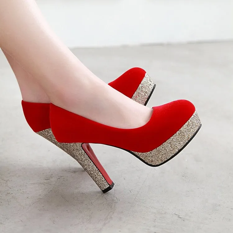 Women's Suede Almond Toe Sequins Chunky High Heel Platform Pumps
