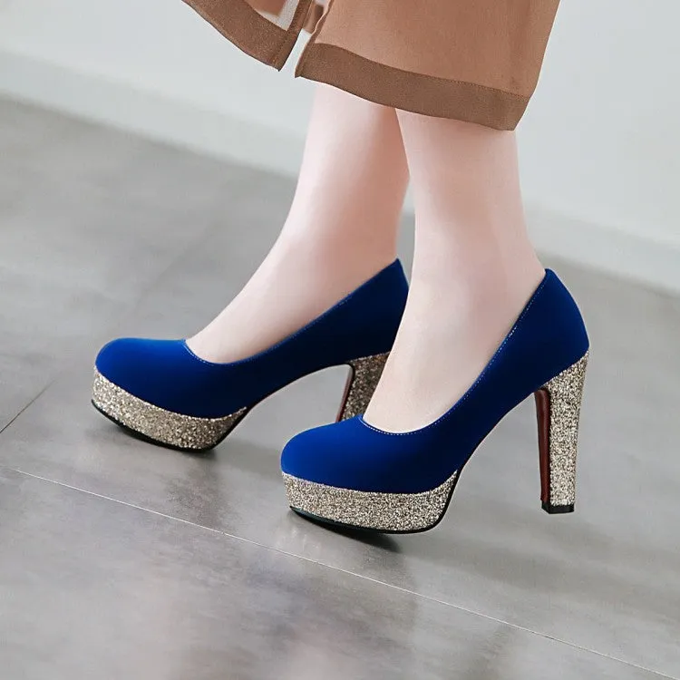 Women's Suede Almond Toe Sequins Chunky High Heel Platform Pumps