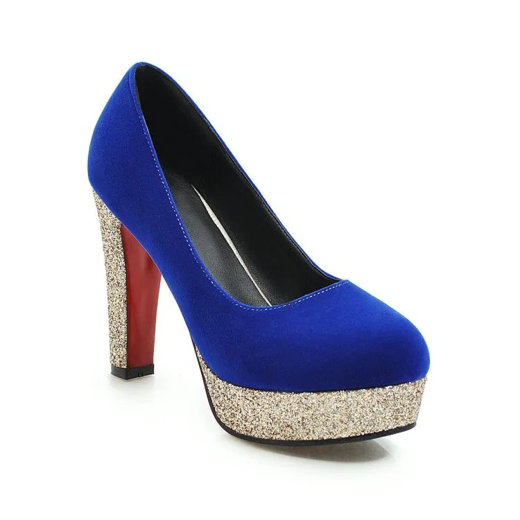 Women's Suede Almond Toe Sequins Chunky High Heel Platform Pumps
