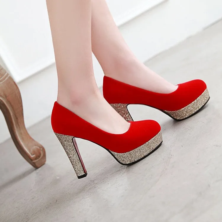 Women's Suede Almond Toe Sequins Chunky High Heel Platform Pumps
