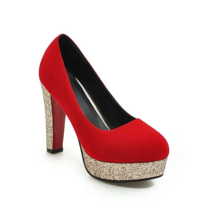 Women's Suede Almond Toe Sequins Chunky High Heel Platform Pumps