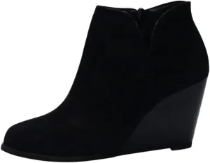 Women's Wedges Ankle Booties Retro V Cutout Comfy Short Boots Flock Leather Zip Closure Stacked Chunky Block Heels Shoes
