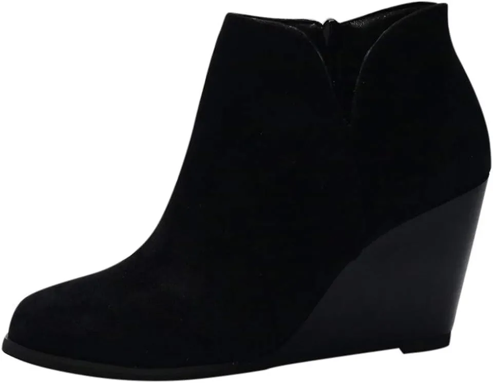 Women's Wedges Ankle Booties Retro V Cutout Comfy Short Boots Flock Leather Zip Closure Stacked Chunky Block Heels Shoes