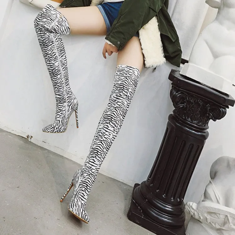 Women's Zebra Printed Pointed Toe Stiletto Heel Over the Knee Boots