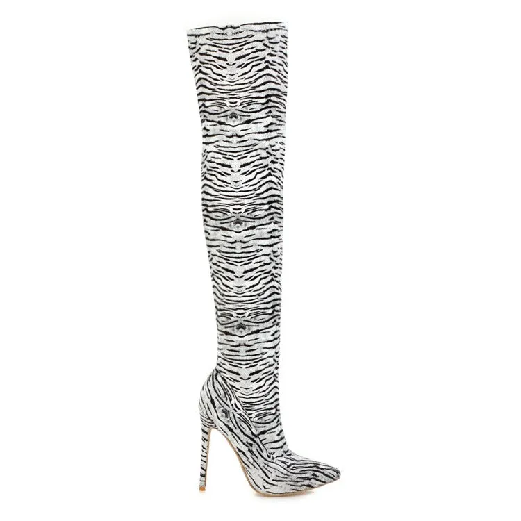Women's Zebra Printed Pointed Toe Stiletto Heel Over the Knee Boots