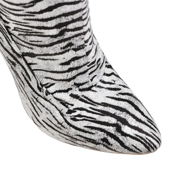 Women's Zebra Printed Pointed Toe Stiletto Heel Over the Knee Boots