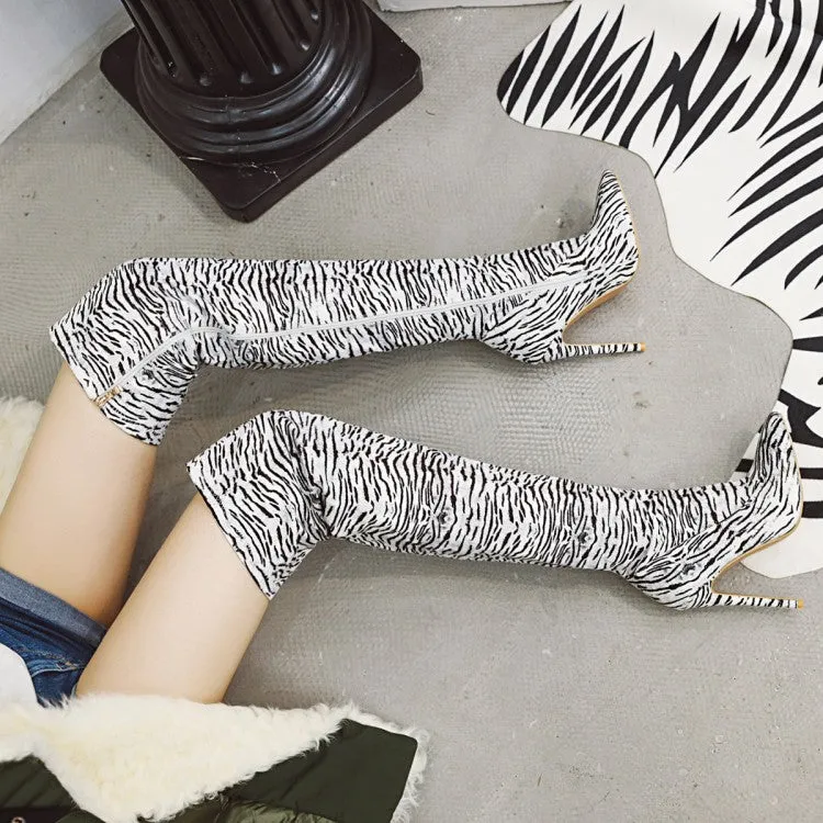 Women's Zebra Printed Pointed Toe Stiletto Heel Over the Knee Boots