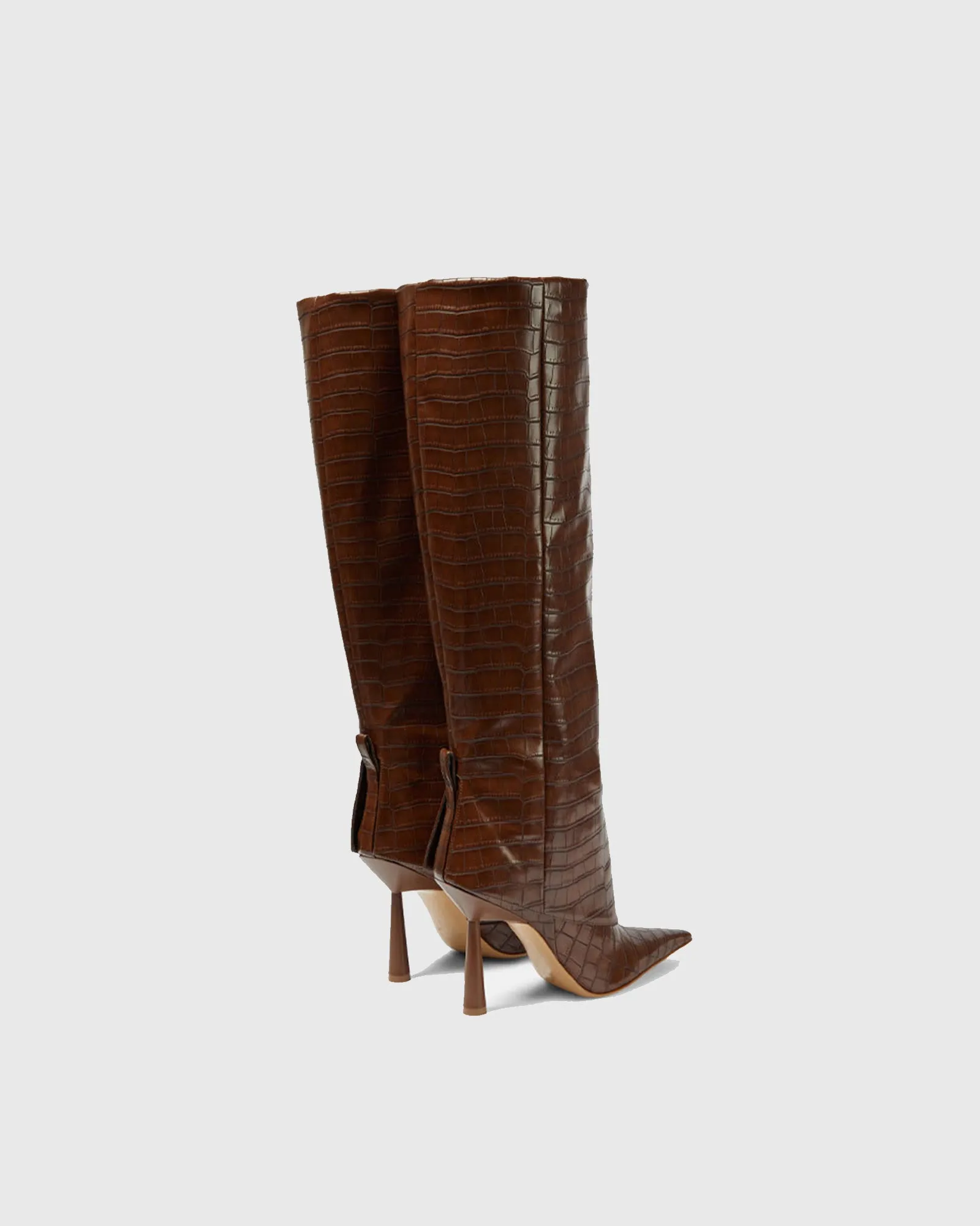 Yavesly Crocodile Print Knee High Boots In Brown