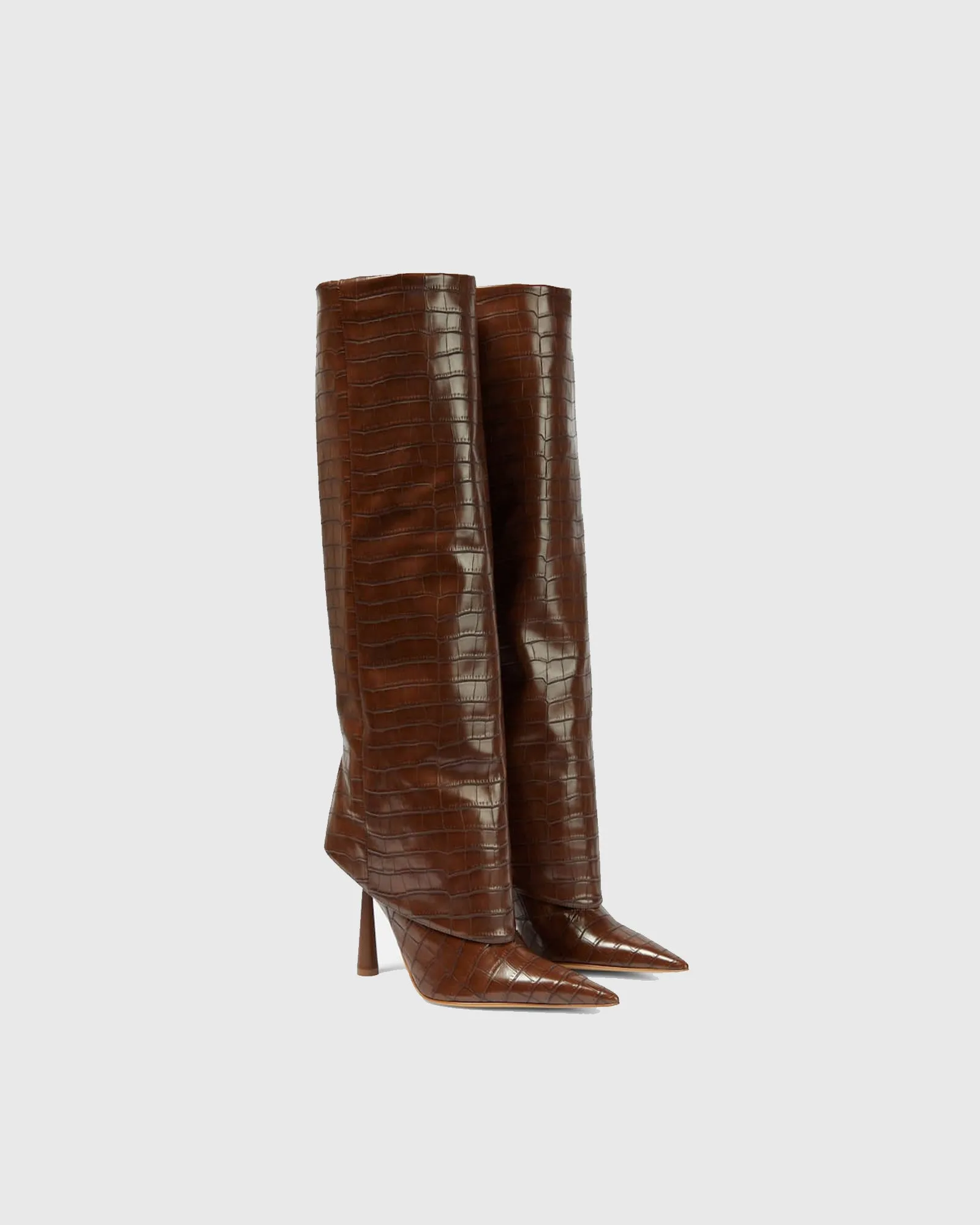 Yavesly Crocodile Print Knee High Boots In Brown