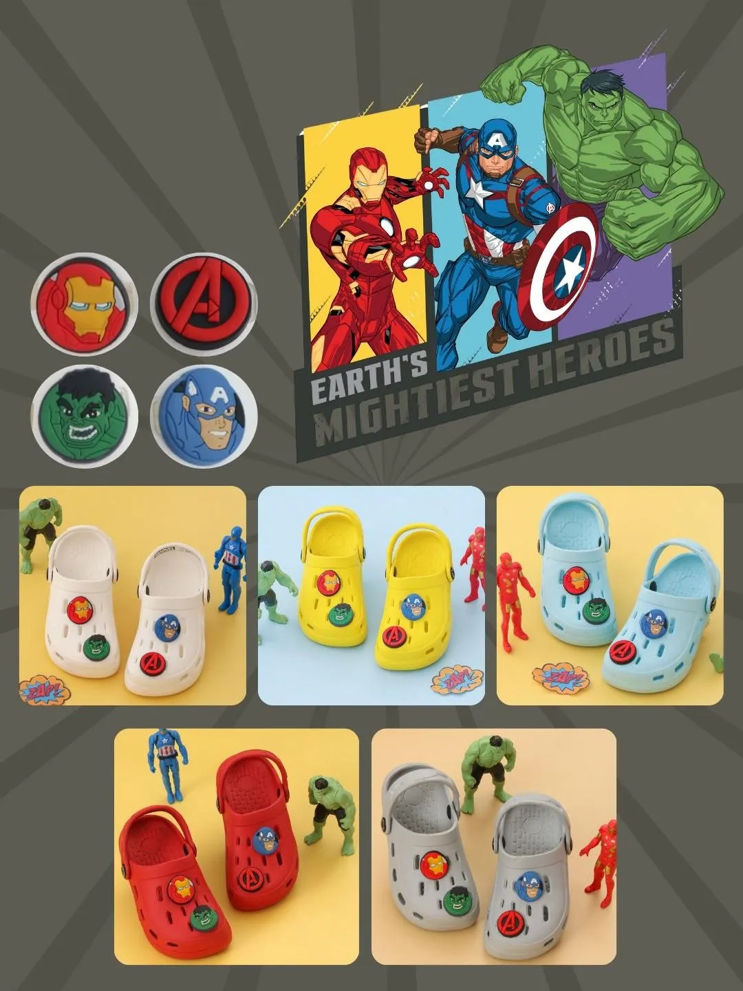Yellow Bee Boys’ Marvel Avengers Clogs with Iron Man, Hulk & Captain America Charms – White