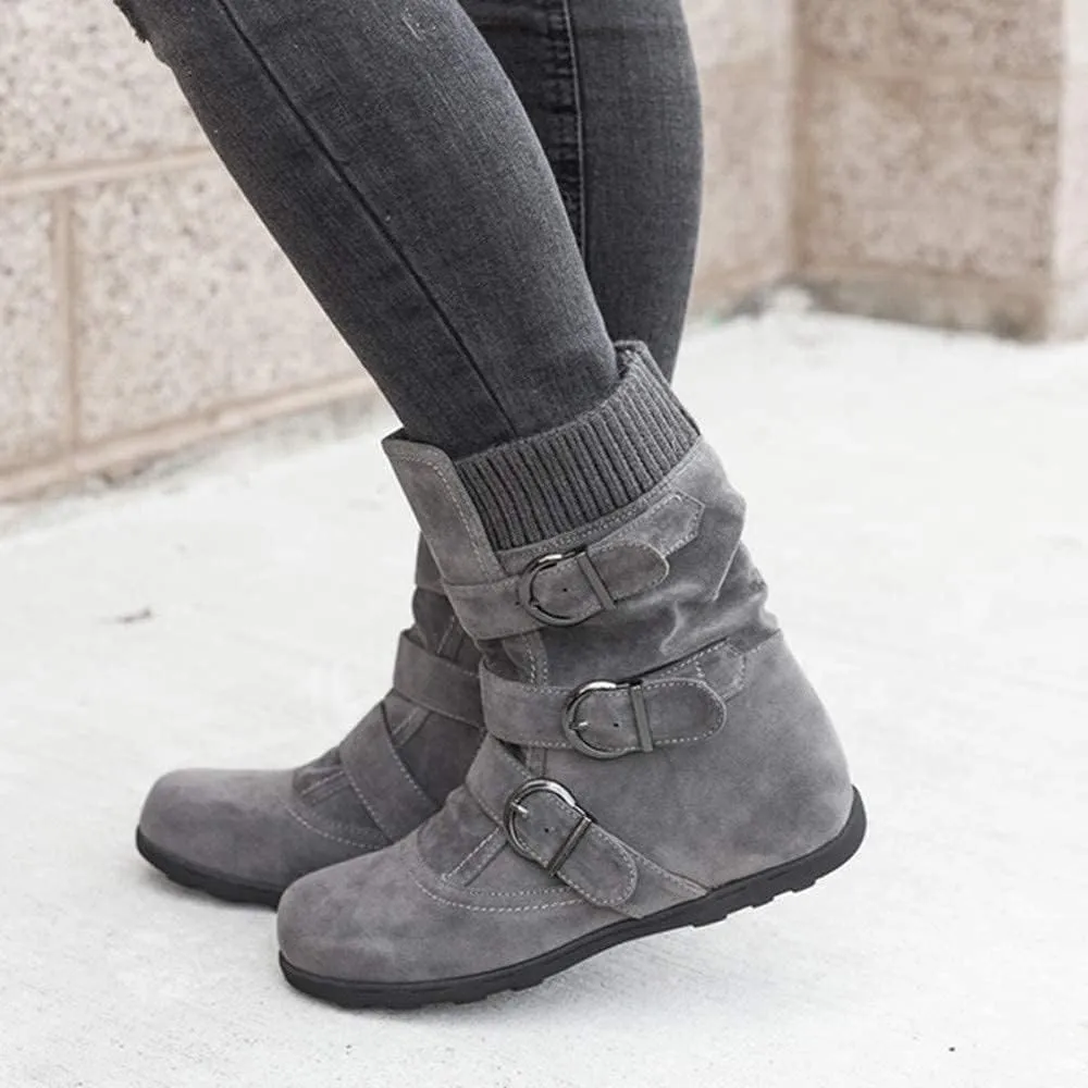 ZBYY Women's Flat Heel Calf Boots Side Zipper Slouch Wide Calf Ankle Booties Fashion Round Toe Buckle Winter Booties