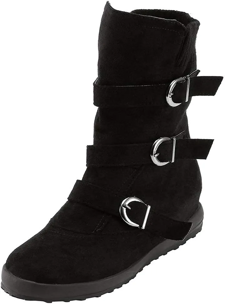 ZBYY Women's Flat Heel Calf Boots Side Zipper Slouch Wide Calf Ankle Booties Fashion Round Toe Buckle Winter Booties