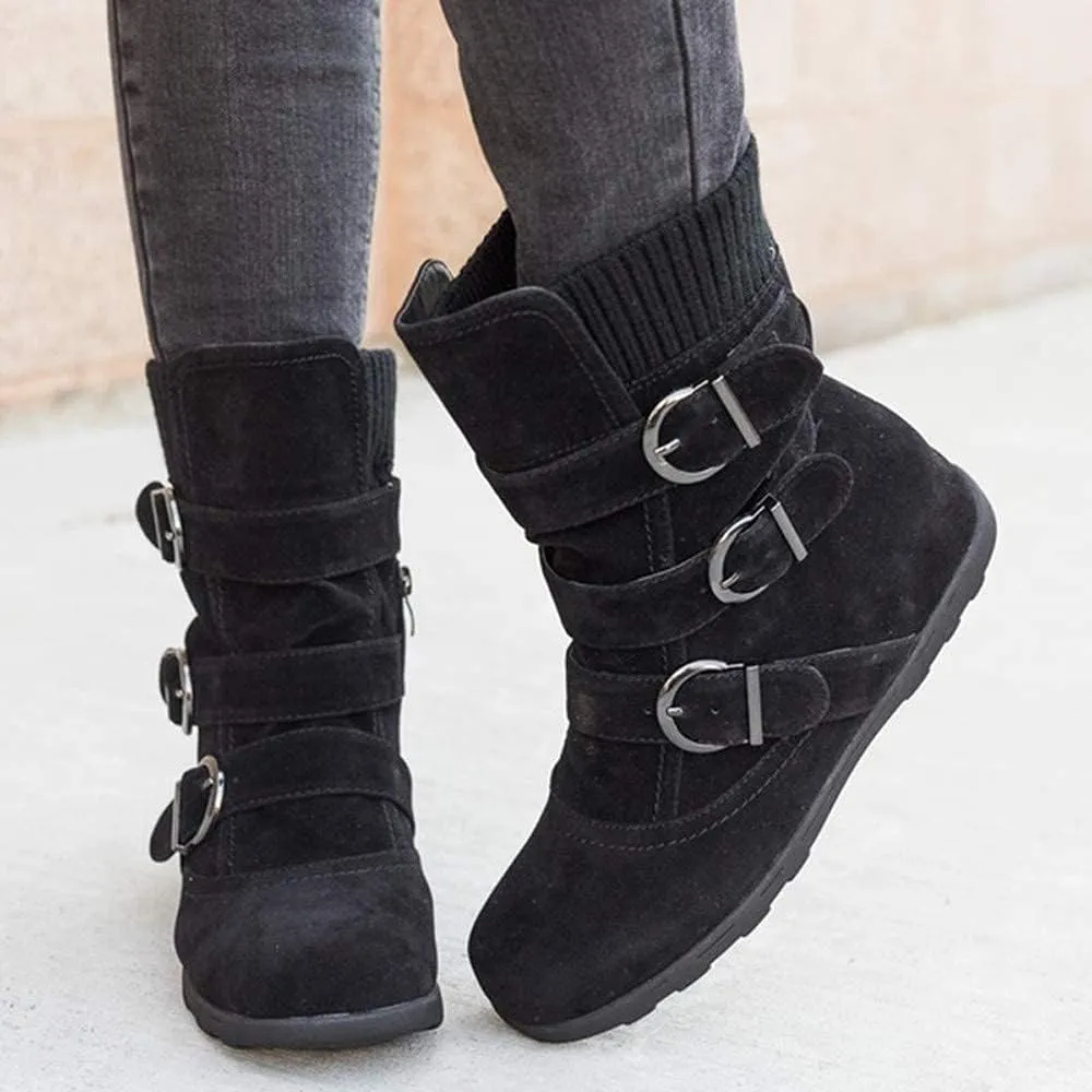 ZBYY Women's Flat Heel Calf Boots Side Zipper Slouch Wide Calf Ankle Booties Fashion Round Toe Buckle Winter Booties