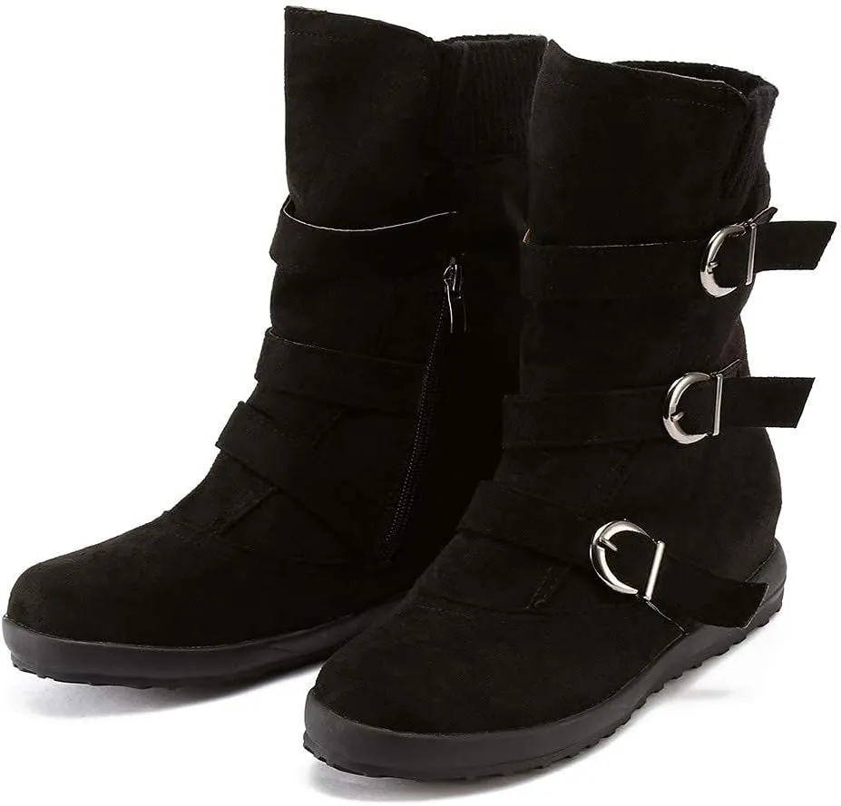 ZBYY Women's Flat Heel Calf Boots Side Zipper Slouch Wide Calf Ankle Booties Fashion Round Toe Buckle Winter Booties