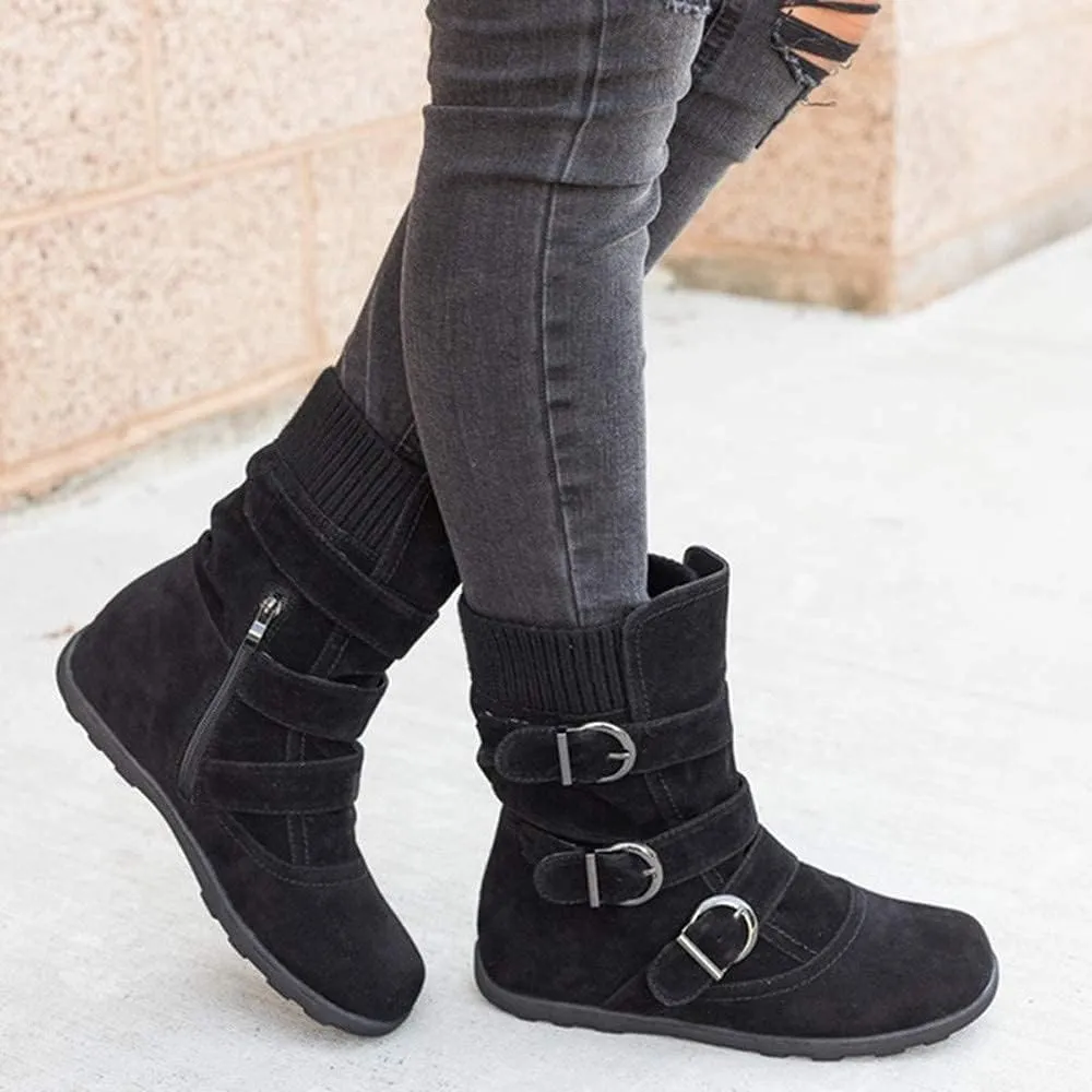 ZBYY Women's Flat Heel Calf Boots Side Zipper Slouch Wide Calf Ankle Booties Fashion Round Toe Buckle Winter Booties