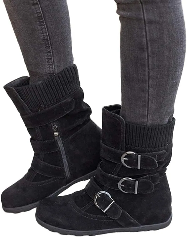 ZBYY Women's Flat Heel Calf Boots Side Zipper Slouch Wide Calf Ankle Booties Fashion Round Toe Buckle Winter Booties