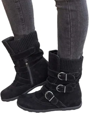 ZBYY Women's Flat Heel Calf Boots Side Zipper Slouch Wide Calf Ankle Booties Fashion Round Toe Buckle Winter Booties